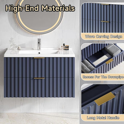 ONBRILL 30 Inch Bathroom Vanity with Sink Combo, Floating Bathroom Vanity with 2 Fluted Drawers & Metal Handle, Modern Wall Mount Storage Cabinet with Ceramic Integrated Sink for Small Space (Blue)