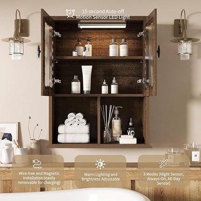 CJL Bathroom Wall Cabinet with Motion Sensor Led Light, Over The Toilet Storage Cabinet, 23.6'' x 29.5'' Medicine Cabinet of Mid-Century Modern Design with Acrylic Door, Brown
