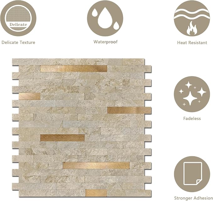KASARO Peel and Stick Marble Backsplash Tile, 10 Sheets, Marble Stone Beige with Vintage Golden Stripes, Self-Adhesive Wall Tile for Kitchen, Bathroom, Fireplace, RV (11.7” x 12.1”)