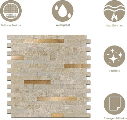 KASARO Peel and Stick Marble Backsplash Tile, 10 Sheets, Marble Stone Beige with Vintage Golden Stripes, Self-Adhesive Wall Tile for Kitchen, Bathroom, Fireplace, RV (11.7” x 12.1”)