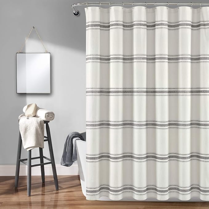 Lush Decor Farmhouse Stripe Cotton Shower Curtain, 72" W x 72" L, Gray - Striped Bathroom Curtain - Fabric Shower Curtains - Farmhouse Bathroom Decor