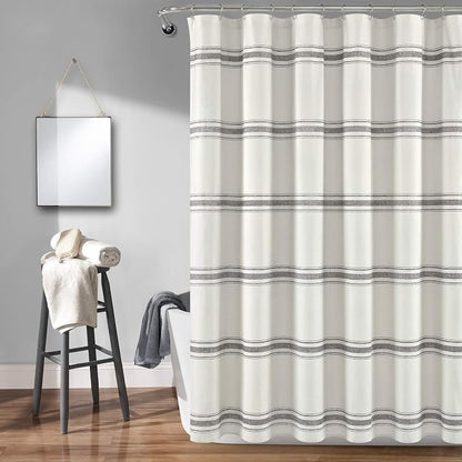 Lush Decor Farmhouse Stripe Cotton Shower Curtain, 72" W x 72" L, Gray - Striped Bathroom Curtain - Fabric Shower Curtains - Farmhouse Bathroom Decor