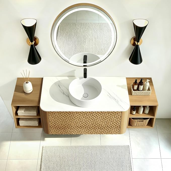 60 Inch Modern Bathroom Vanity with Ceramic Sink, Floating Bathroom Sink Cabinet with Sintered Stone Top&Solid Wood Hammered Frame, Single Bathroom Vanities w/Soft-Close Drawer&2 Side Open Cube