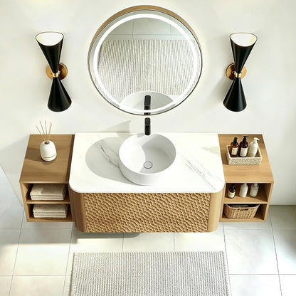 60 Inch Modern Bathroom Vanity with Ceramic Sink, Floating Bathroom Sink Cabinet with Sintered Stone Top&Solid Wood Hammered Frame, Single Bathroom Vanities w/Soft-Close Drawer&2 Side Open Cube