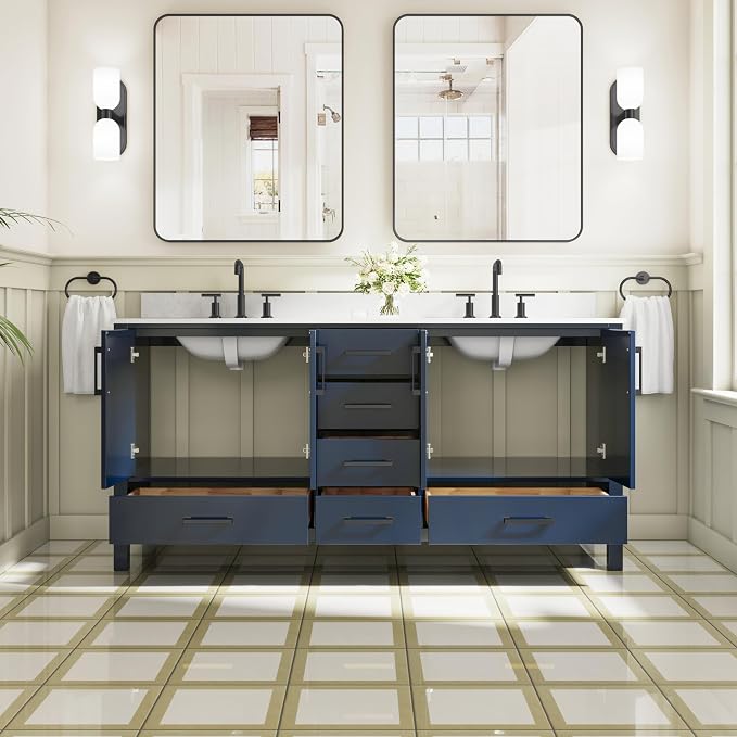 72-Inch Bathroom Vanity with Sink, 4 Soft-Close Doors and 6 Soft-Close Drawers, Bathroom Freestanding Vanity with Cultured Marble Countertop, Navy Blue Vanity with Matte Black Handles