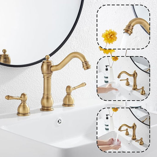 GGStudy 2 Handles 3 Holes Faucet Widespread Bathroom Sink Faucet Basin Tap Mixer Supply Hose Included Matching Pop Up Drain Antique Brass