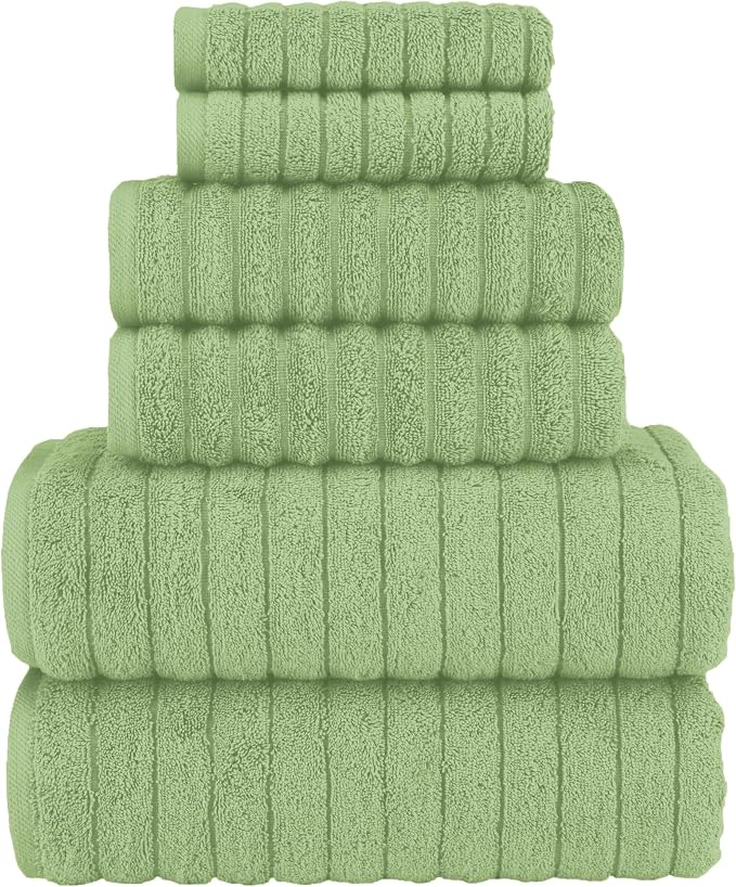Elegant Comfort 100% Turkish Cotton Corduroy Ribbed Luxury Bath Towels 6-Piece Set, Premium Feel - Quick Dry, Highly Absorbent, Contains 2 Bath Towels, 2 Hand Towels, and 2 Washcloths, Sage