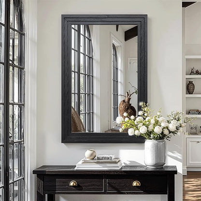 Farmhouse Rustic Wood Framed Bathroom Vanity Mirror for Wall, 24x36, Black | Recessed Stepped Solid Wood Frame, HD Shatterproof Glass, Vertical/Horizontal Mount, for Bathroom Sink, Living Room, Entryway