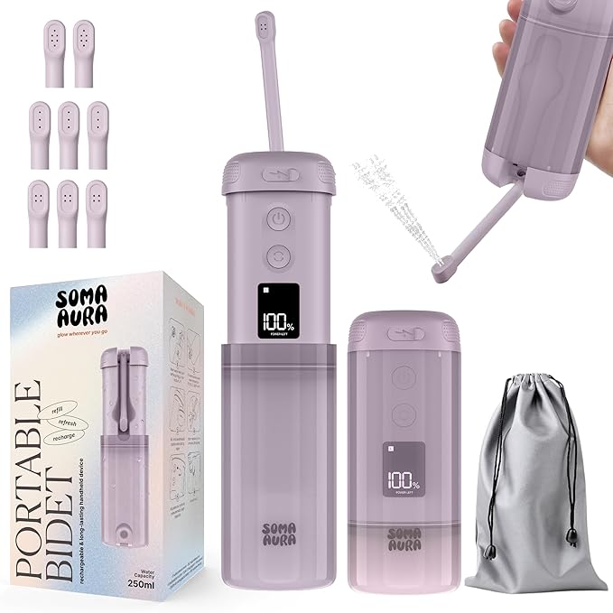 Portable Bidet - 250ml Rechargeable Electric Handheld Bidet with 5 Adjustable Spray Modes, 8 Replaceable Nozzles for Peri Bottle for Travel, Perineal, Postpartum & Post-Surgery Care (Purple)