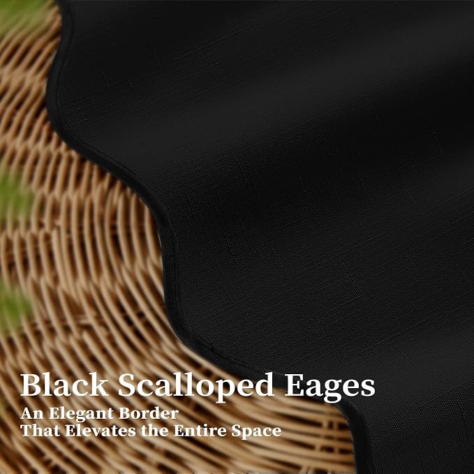 BTTN Boho Scalloped Linen Textured Cloth Shower Curtain Set, 60x84, Black | Narrow Long Size, 230GSM Waterproof Polyester, Heavy Duty Fabric, 10 Plastic Hooks, Modern Farmhouse Style, Machine Washable
