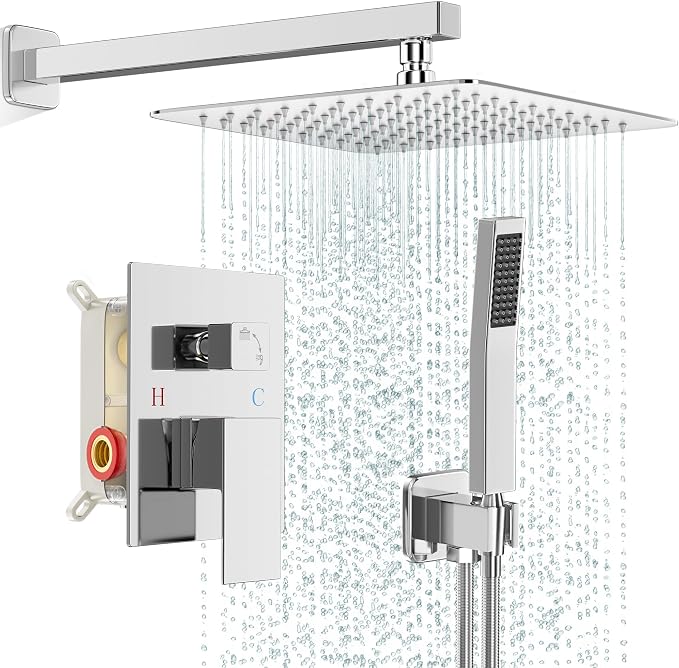 FPXRNG Shower Faucet Set Bathroom Square Rain Shower Head and Handle Set, Wall Mounted Shower Fixtures, Full Metal Trim Repair Kit 10 inch Polished Chrome (With Shower Valve)
