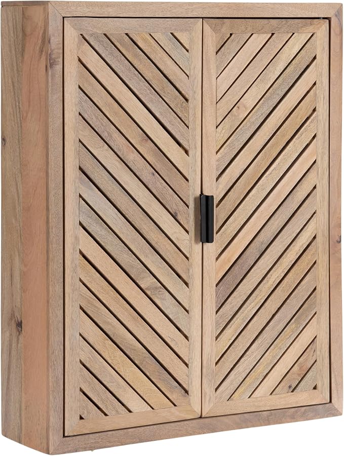 Kate and Laurel Mezzeta Decorative Modern Two-Door Floating Bathroom Cabinet; 22 x 7 x 28; Natural Wood; Decorative Solid Mango Wood Over the Toilet Storage Cabinet with Slatted Chevron Design