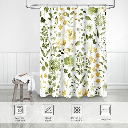 Olive Green Floral Shower Curtain, Cute Flower Fabric Shower Curtains for Bathroom, Watercolor Wildflower Butterfly Cloth Shower Curtain Set with Hooks, 72x72