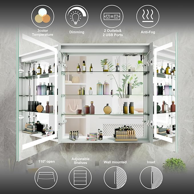 20x32 Bathroom Mirror LED Medicine Cabinet with Lighted 3 Colors, Recessed Surface Wall Mounted LED Medicine Cabinet, Anti-Fog Tempered LED Mirror with Storage, Stepless Dimming, 2 Outlets