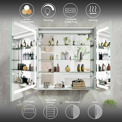 20x32 Bathroom Mirror LED Medicine Cabinet with Lighted 3 Colors, Recessed Surface Wall Mounted LED Medicine Cabinet, Anti-Fog Tempered LED Mirror with Storage, Stepless Dimming, 2 Outlets