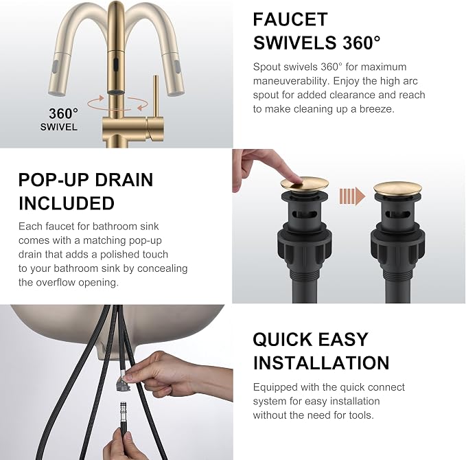 Champagne Bronze Pull Down Tall Vessel Sink Faucet 1 Hole 1 Handle | Vessel Bowl Faucet with Pop Up Drain & Supply Lines, Lead-Free cUPC & NSF Certified, 1 Hole Faucet for Vanity RV Restroom