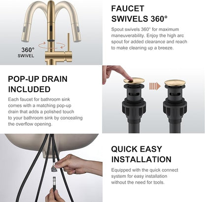 Champagne Bronze Pull Down Tall Vessel Sink Faucet 1 Hole 1 Handle | Vessel Bowl Faucet with Pop Up Drain & Supply Lines, Lead-Free cUPC & NSF Certified, 1 Hole Faucet for Vanity RV Restroom