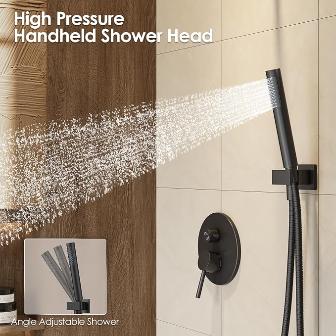 Gabrylly Shower System, 10" Wall Mounted Shower Faucet Set, Matte Black | Rain Shower Head with Handheld Spray Combo, All Metal Rainfall Shower Head Complete Set Shower Mixer Valve for Bathroom