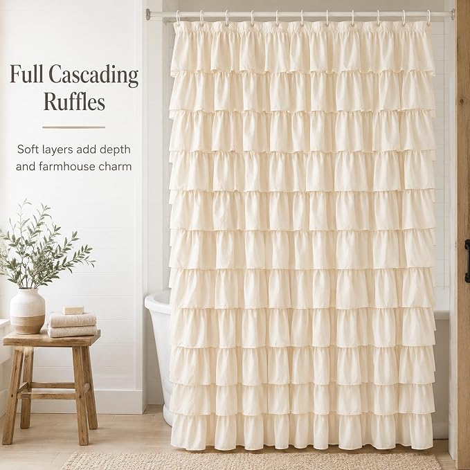 Beige Ruffle Shower Curtain for Bathroom, 72x84 inch, Elegant Ruffled Panel | Ruched Fabric Texture, Cascading Waterfall Ruffles, Extra-Long 72 X 84, 12 Hooks Included, Machine Washable, Opaque Rustic