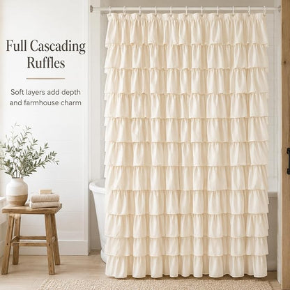 Beige Ruffle Shower Curtain for Bathroom, 72x84 inch, Elegant Ruffled Panel | Ruched Fabric Texture, Cascading Waterfall Ruffles, Extra-Long 72 X 84, 12 Hooks Included, Machine Washable, Opaque Rustic