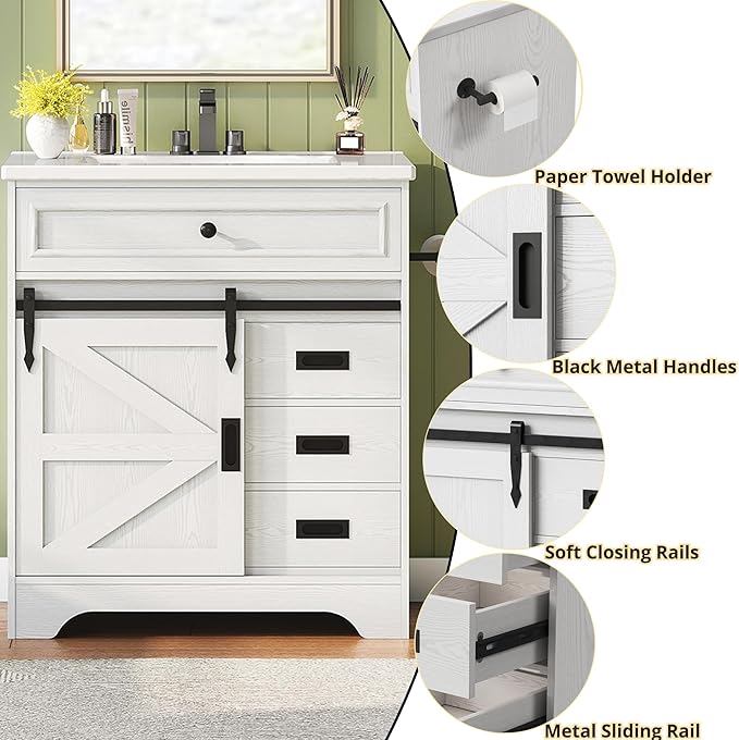 IRONCK 30" Bathroom Vanity with Sink, Farmhouse Bathroom Sink Cabinet with Flip Drawer & Sliding Barn Door, Freestanding Bathroom Vanities with Metal Handles, Paper Towel Holder,White