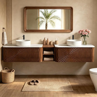 84" Floating Bathroom Vanity with Double Sink, Mid-Century Wall Mounted Bathroom Vanity Cabinet with Wood Waved Decor, Ceramic Vessel Basin, Sintered Stone Top, Soft Close Drawer, Side Open Cube
