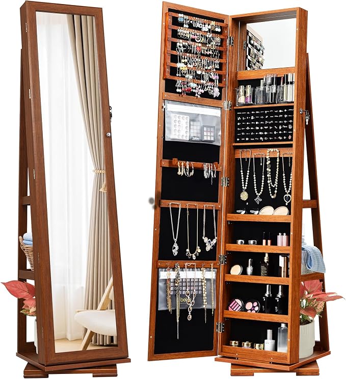 GOFLAME 360° Rotating Jewelry Armoire, Lockable Jewelry Cabinet with Full-Length Mirror & Inner Makeup Mirror, Standing Jewelry Storage Organizer with Rear Storage Shelves, Walnut