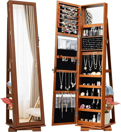 GOFLAME 360° Rotating Jewelry Armoire, Lockable Jewelry Cabinet with Full-Length Mirror & Inner Makeup Mirror, Standing Jewelry Storage Organizer with Rear Storage Shelves, Walnut