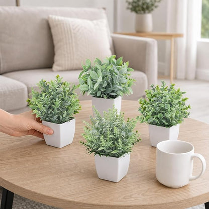 Der Rose 4 Pack 7" Mini Fake Plants, Artificial Plants for Bathroom Decor | Frosted eucalyptus look, easy-care artificial greenery, for desk shelf windowsill office tabletop dorm and classroom decor