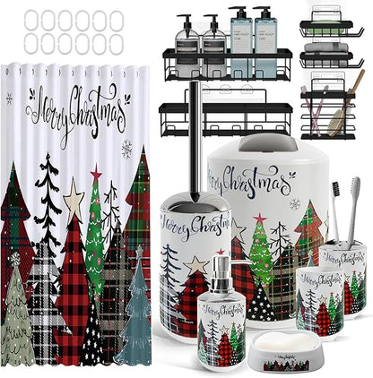 Clara Clark Bathroom Accessories Set - Christmas Bathroom Set with Adhesive Corner Shower Caddy Hanging, 24PC Bathroom Accessory Set, Christmas Shower Curtain Set with Toilet Brush and Trash Can