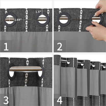 eachope Boho Farmhouse No Hook Shower Curtain with Liner,71x74,CharcoalGrey | Snap-in Liner,330GSM Thick Linen Textured Rustic Striped Design,Water-Repellent with Tassels and Sheer Window for Bathroom