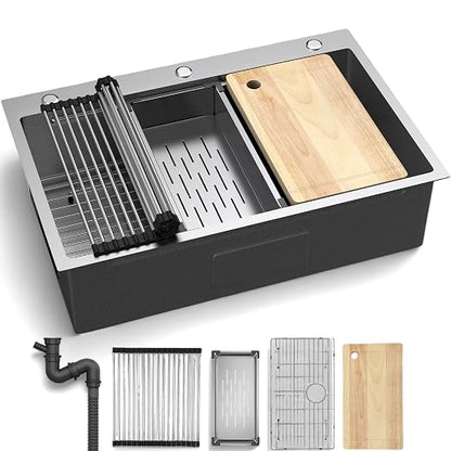 YITAHOME 33x22inch Drop In Kitchen Sink Workstation, 304 Stainless Steel Single Bowl Top Mount Sink w/Ledge & Accessories, Honeycomb Surface Design Scratches Resistant