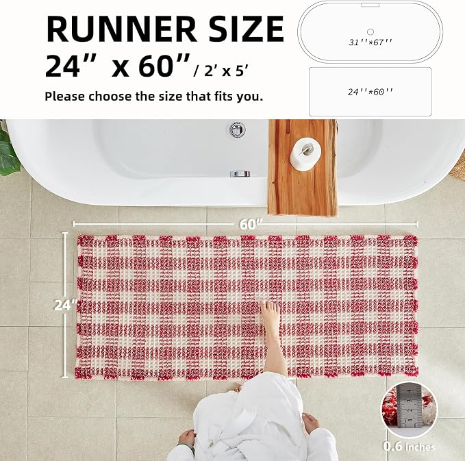 TYUU Long Christmas Bath Mat, Cute Waffle Runner Rug, 60x24 Red & White | Super Absorbent Quick Dry Bath Rug, Non-Slip Backing, Soft Waffle Washable Farmhouse Bathroom Mats, Tub, Shower & Home Decor