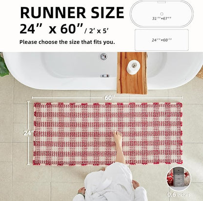TYUU Long Christmas Bath Mat, Cute Waffle Runner Rug, 60x24 Red & White | Super Absorbent Quick Dry Bath Rug, Non-Slip Backing, Soft Waffle Washable Farmhouse Bathroom Mats, Tub, Shower & Home Decor