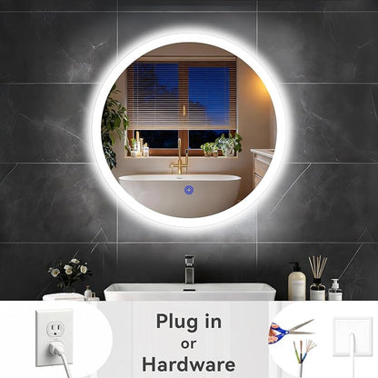 24“ x 24” LED Bathroom Smart Mirror, Round Mirror with Three Color Light Temperature Brightness Settings,Backlit + Front Lit,Wall-Mounted Vanity Mirror with Memory Function