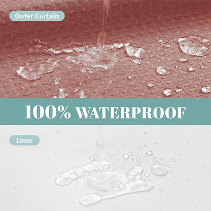 eachope No Hook Waffle Shower Curtain with Snap-in Liner, 71x80 Inch, Coral | 230 GSM waffle weave fabric, waterproof liner set with 2 bottom magnets, mesh top window, washable, for bathroom or hotel use