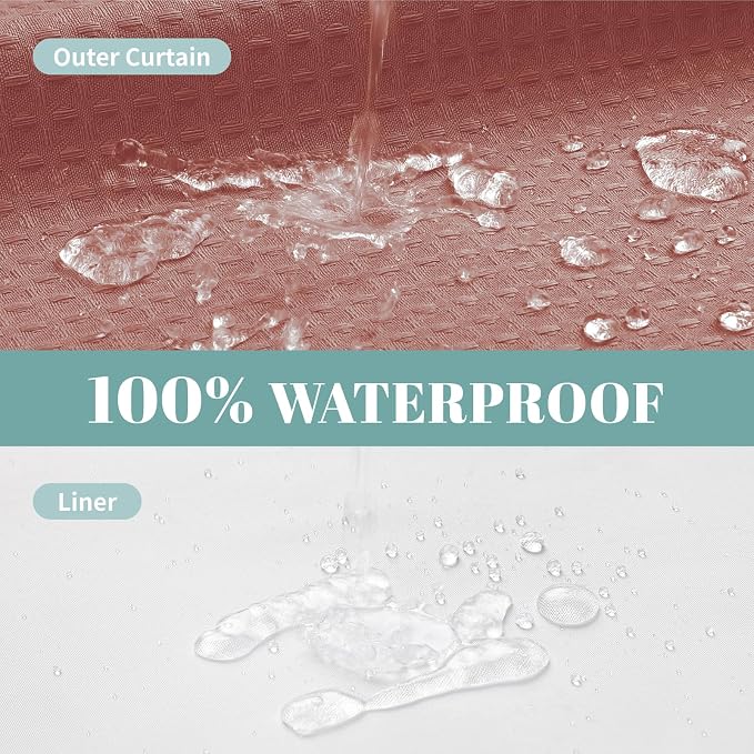eachope No Hook Waffle Shower Curtain with Snap-in Liner, 71x74 Inch, Coral | 230 GSM waffle weave fabric, waterproof liner set with 2 bottom magnets, mesh top window, washable, for bathroom or hotel use