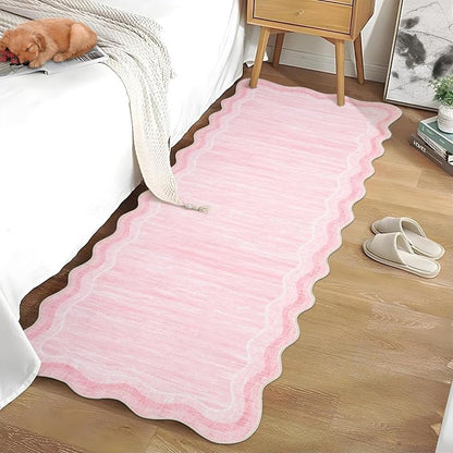 Garvee Washable Runner Rug 2x6 Modern Solid Scalloped Kitchen Runner Pink | Modern Long Runner Rug for Entryway Bedroom, Non Slip Low Pile Solid Runner Rugs for Entryway, Nursery Rugs Runner