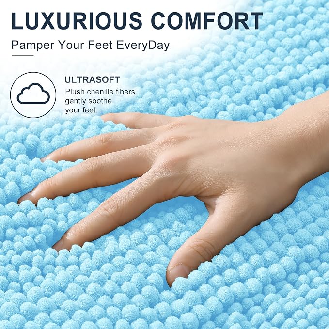 Smiry Thick Chenille Bathroom Runner Rugs 44x24, Soft Bath Mat, Sky Blue | Quick‑Dry & Machine Washable, Non‑Slip Bath Carpet, Striped Bath Rugs for Tub & Shower, Modern Home Decor Accessories