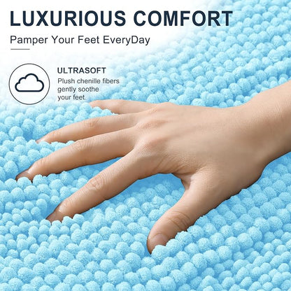 Smiry Thick Chenille Bathroom Rugs 30x20, Soft Absorbent Bath Mat, Sky Blue | Quick‑Dry & Machine Washable, Non‑Slip Bath Carpet, Striped Bath Rugs for Tub & Shower, Modern Home Decor Accessories