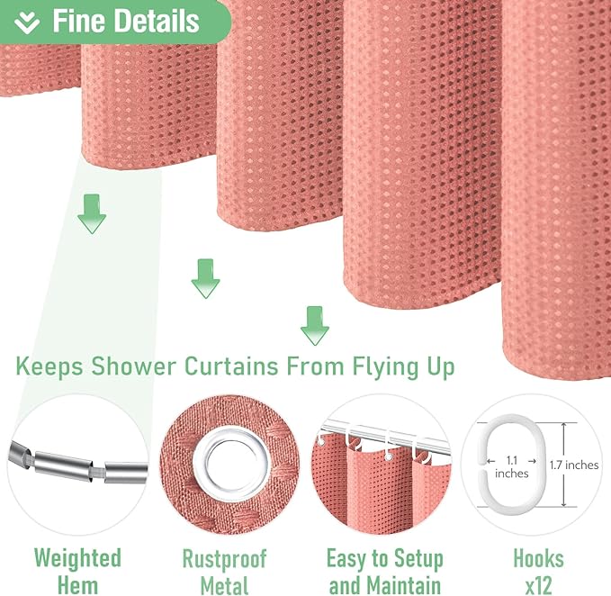 Waffle Shower Curtain 256 GSM Heavy Duty Fabric 72"x72" Coral | Thick Textured Cloth, Weighted Hem, Water Repellent Washable, Hotel Luxury Polyester Shower Curtain Set for Bathroom 12 Hooks