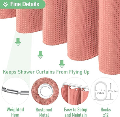Waffle Shower Curtain 256 GSM Heavy Duty Fabric 72"x72" Coral | Thick Textured Cloth, Weighted Hem, Water Repellent Washable, Hotel Luxury Polyester Shower Curtain Set for Bathroom 12 Hooks