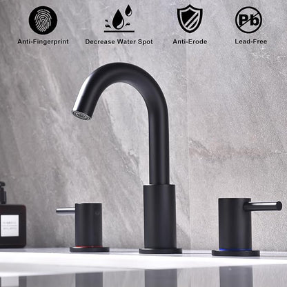 Black 3 Hole Bathroom Faucet, 8 in Matte Black Widespread Bathroom Sink Faucet with Pop Up Drain and Supply Lines, Stainless Steel 2 Handle Black Faucet for Vanity