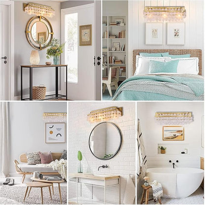 TOCHIC 3 Lights Vanity Light with Natural Capiz Shell Shade, Brushed Gold Bathroom Dimmable Vanity Light, Modern Wall Lighting Fixture for Mirror Cabinets, Powder Room, Bedroom, Living Room, 23”W