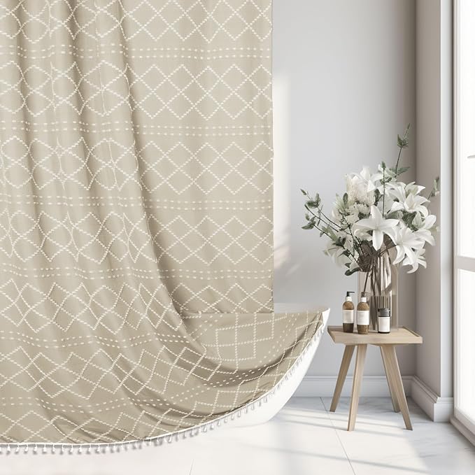 Siiluminisoy Extra Long Beige Boho Woven Fabric Cute 84 Inch Tufted Chevron Textured Striped Modern Farmhouse Minimalist Cloth Shower Curtain for Bathroom