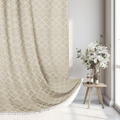 Siiluminisoy Extra Long Beige Boho Woven Fabric Cute 84 Inch Tufted Chevron Textured Striped Modern Farmhouse Minimalist Cloth Shower Curtain for Bathroom