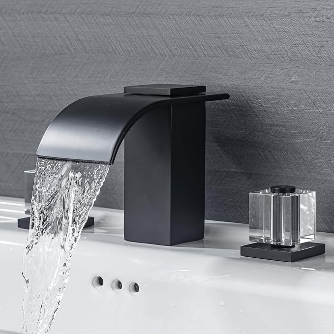 Matte Black Waterfall Bathroom Faucet 3 Hole Widespread Sink Faucet with Crystal Handles, Modern Bathroom Sink Faucet, 2 Handle Deck Mount Lavatory Faucet for Vanity Sink