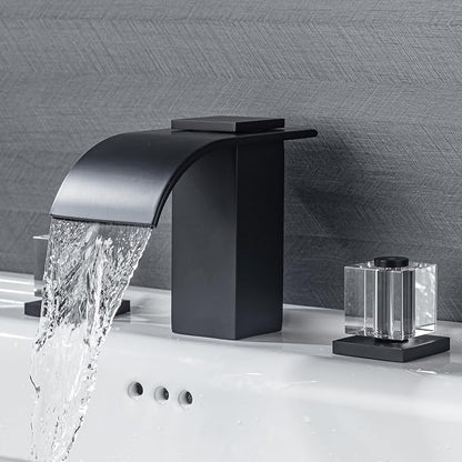 Matte Black Waterfall Bathroom Faucet 3 Hole Widespread Sink Faucet with Crystal Handles, Modern Bathroom Sink Faucet, 2 Handle Deck Mount Lavatory Faucet for Vanity Sink