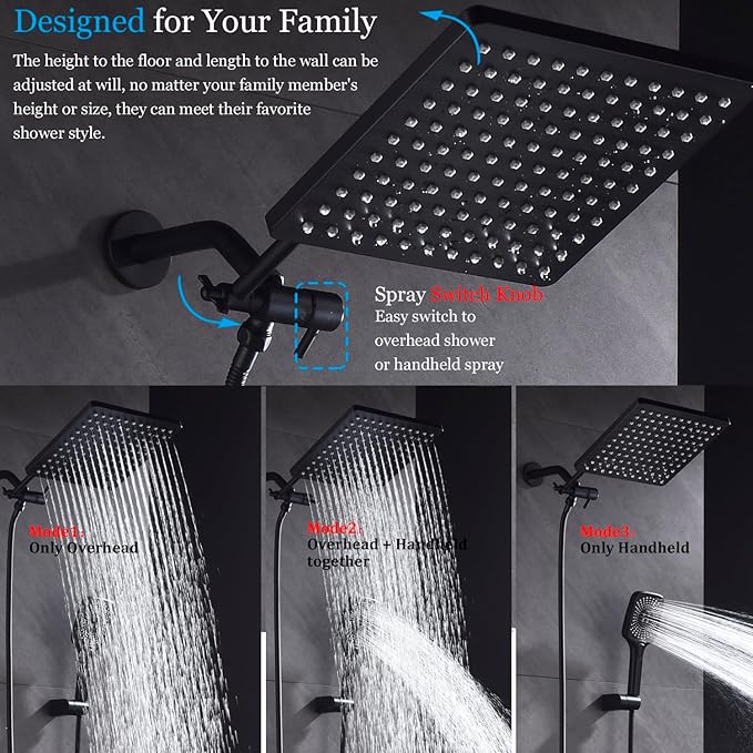 Shower Faucet Set with Tub Spout Matte Black 10 Inch Rainfall Shower with 4 Setting Spray Mixer Shower System Modern Luxury Wall Mounted Tub Shower Faucet Set Rough-in Valve Body (Matte Black)