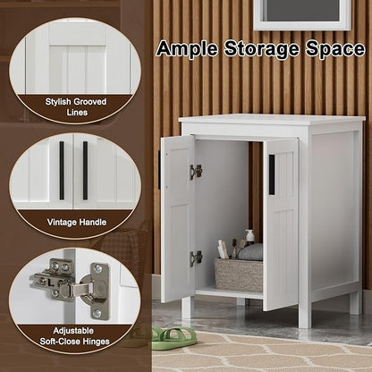 UEV White 24" Bathroom Vanity Without Sink,Modern Freestanding Sink Cabinet,Stylish Bathroom Vanity Cabinet,Grooved Double Doors,Metal Handles